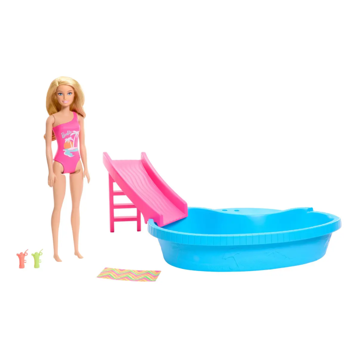 Boneca Barbie Piscina Com Boneca Maiô Rosa  E Piscina Mattel Multicolor | Cenários e Playsets